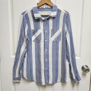 Eden & Olivia Shirt Womens L Blue Striped Cotton Long Sleeve Roll Tab Button Up